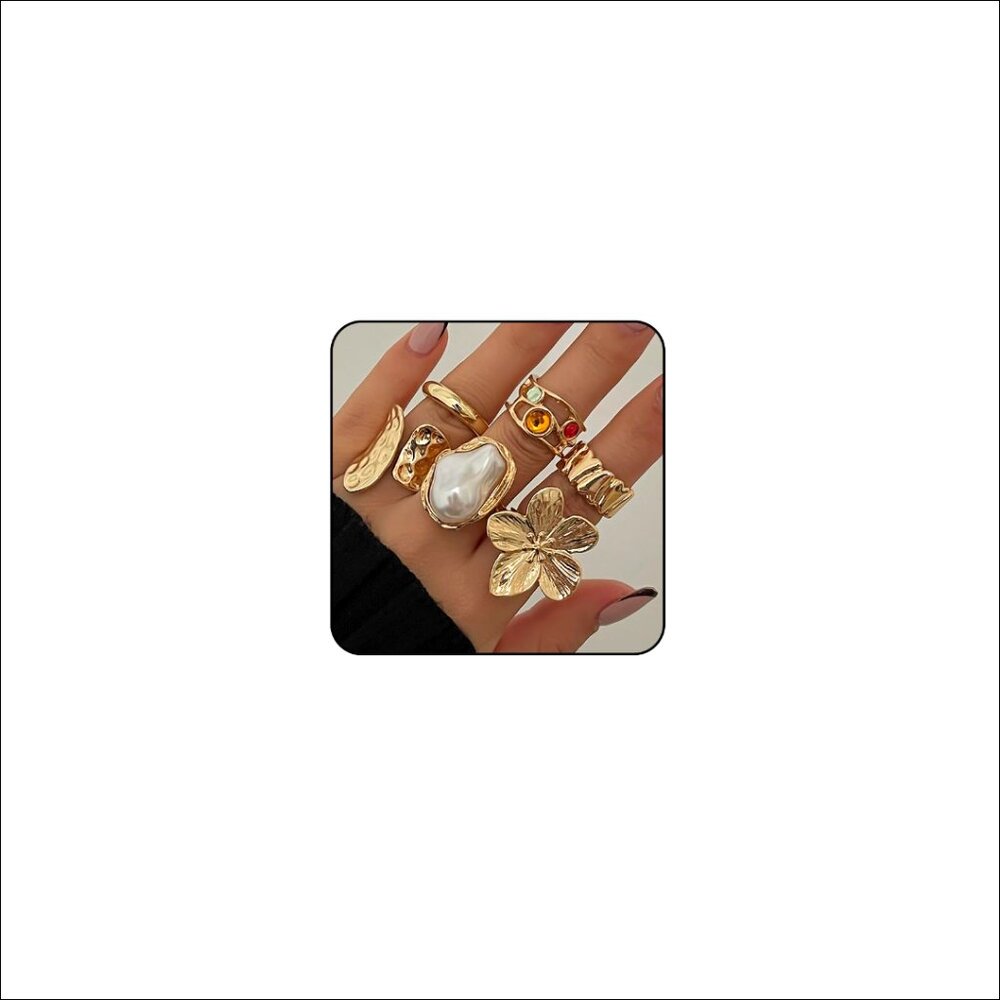 Adjustable Chunky Stacking Rings Set Baroque Pearl Flower Statement Jewelry